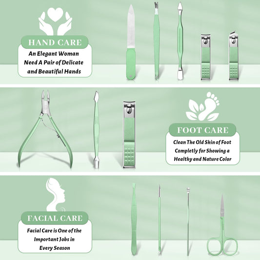 Manicure Pedicure Set, Nail Clipper Set for Men Women, Professional Manicure Kit Pedicure Kit, Nail Care Kit with Green Travel Leather Bag, Set 12 in 1 - PuriLite