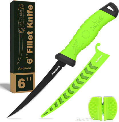 8 Inch Fishing Fillet Knife, Professional Level Knives for Filleting Fish and Boning Meat, Sharp Stainless-Steel Non-Stick Coating Blade, Non-Slip Handles, with 1 Two Stage Knife Sharpener
