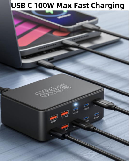 FOSION USB C Charging Station 330W, USB C Charger Charging Hub 10 Power Port for Multiple Devices with PD 100W 65W 30W QC3.0 18W Fast Charging Power Stock Station for iPhone 15, iPad Air/Pro, Galaxy - PuriLite