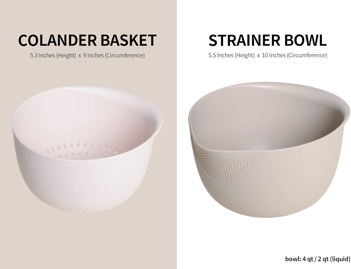 Blue Ginkgo Rice Washing Bowl and Colander Kitchen Set - Strain Rice, Quinoa and Small Grains - Soak, Wash and Drain Produce (4 Quart) - Cream and Limestone