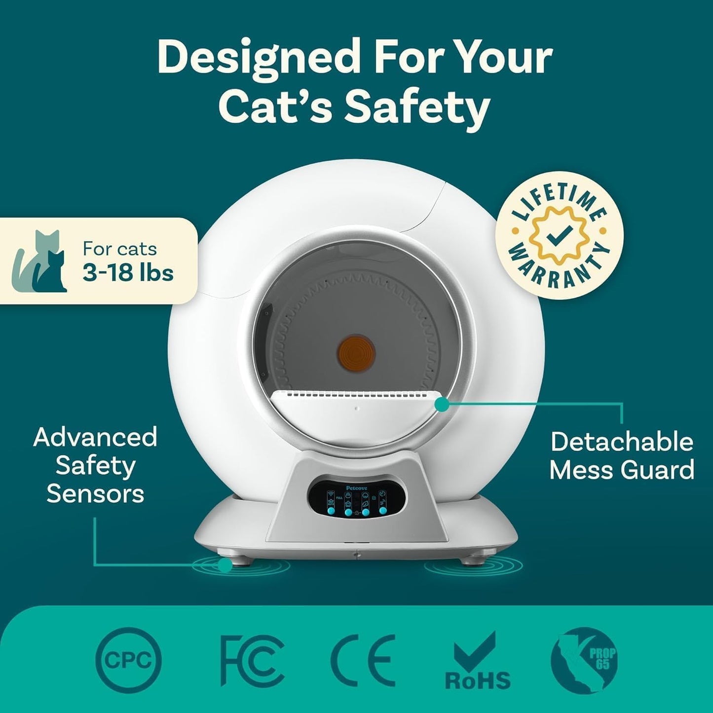 PetCove Self Cleaning Litter Box - Automatic Cat Litter Box up to 75L, App‑Control Cat Litter Box with Integrated Safety Protection, Advanced Odor Control & Smart Weight Monitoring with Cat Litter Bag