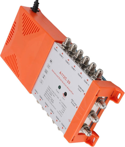 12 Channel Distribution Amplifier for TV CATV, Low Noise Figure ≤4dB, Seamless Connection to Multiple Televisions, Remote Powering, Compact Design, RED Compliant, (US Plug 110-120V)
