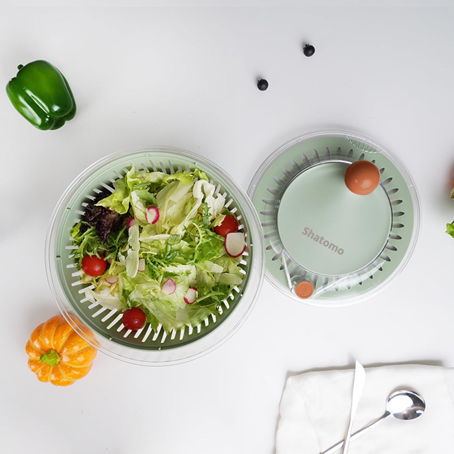 Shatomo Salad Spinner, Large 5L Easy to Use Lettuce Spinner, Fruit and Vegetable Spinner with Non-Slip Base, Drain and Stop Button