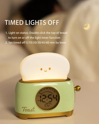 Alarm Clock for Kids, Cute Toast Night Light Alarm Clocks for Bedrooms, Dimming Rechargeable Small Led Desk Clock with Snooze & Countdown for Room Decor, Bedside Clock for Teen Girls Boys，Green