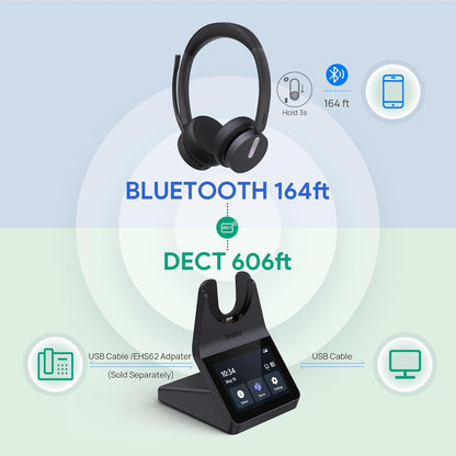 Yealink WH64 Pro DECT& Bluetooth Wireless Headset, 3.5" Touchscreen Teams, Mono Headphones, 606 ft Range,3X Noise Cancelling Mic, 26H Calls Office Work Single Ear Headsets for DeskPhone,Laptop,Mobile