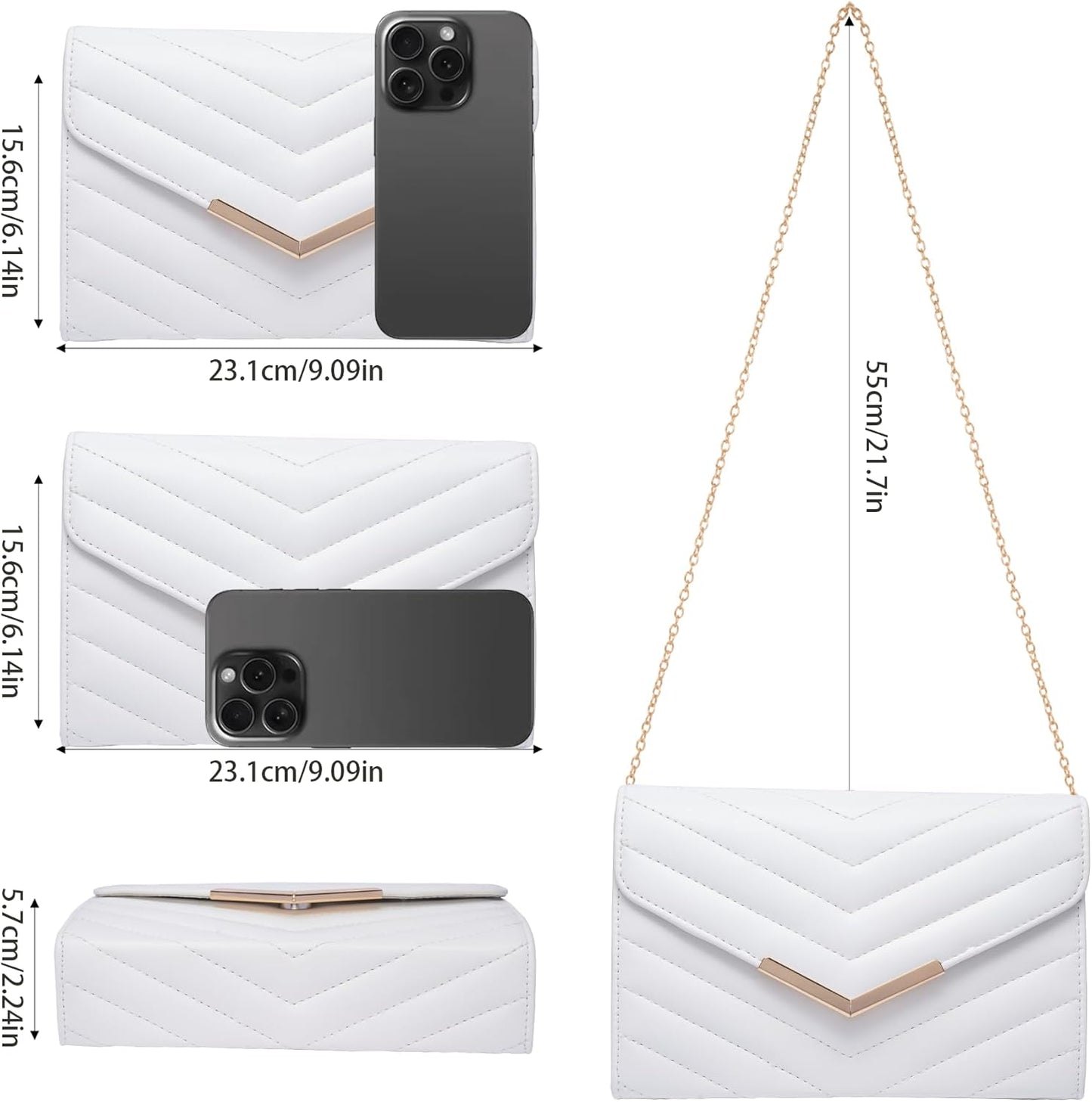 Larcenciel White Quilted Evening Clutch Bag, Elegant Envelope Vegan Leather Crossbody Purse for Women, Detachable Chain & Wristlet Strap, Formal Wedding Guest Bridal Prom Cocktail Party Handbag Wallet - PuriLite