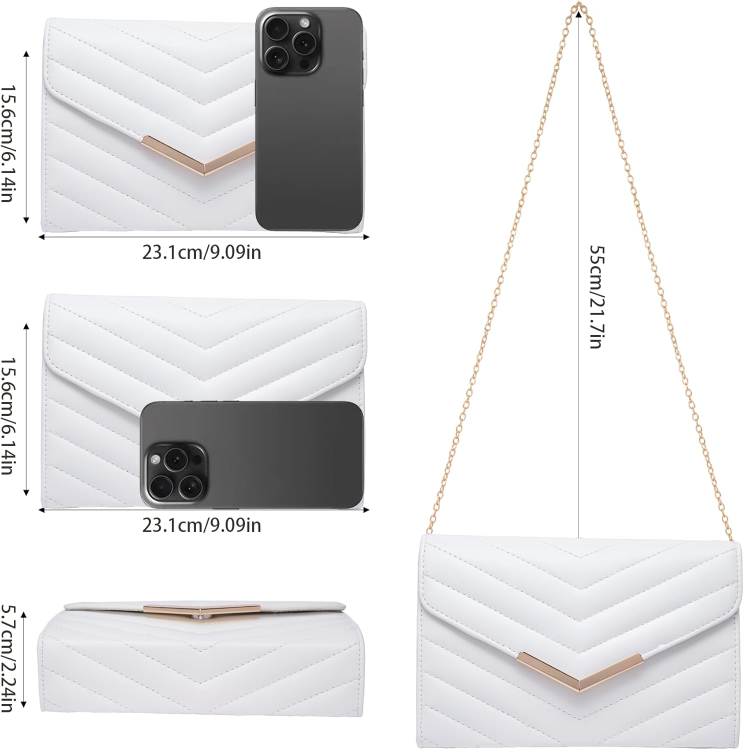Larcenciel White Quilted Evening Clutch Bag, Elegant Envelope Vegan Leather Crossbody Purse for Women, Detachable Chain & Wristlet Strap, Formal Wedding Guest Bridal Prom Cocktail Party Handbag Wallet - PuriLite