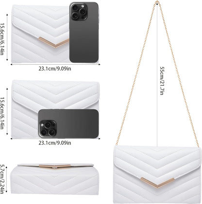 Larcenciel White Quilted Evening Clutch Bag, Elegant Envelope Vegan Leather Crossbody Purse for Women, Detachable Chain & Wristlet Strap, Formal Wedding Guest Bridal Prom Cocktail Party Handbag Wallet - PuriLite