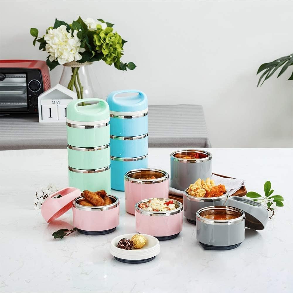 Lille Home Stackable Stainless Steel Thermal Compartment Lunch/Snack Box, 3-Tier Insulated Bento/Food Container with Lunch Bag, Cutlery Set and 3 Extra Seals, 43OZ (Gray)