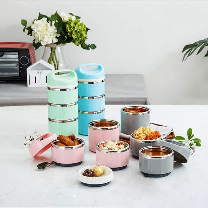 Lille Home Stackable Stainless Steel Thermal Compartment Lunch/Snack Box, 3-Tier Insulated Bento/Food Container with Lunch Bag, Cutlery Set and 3 Extra Seals, 43OZ (Gray)