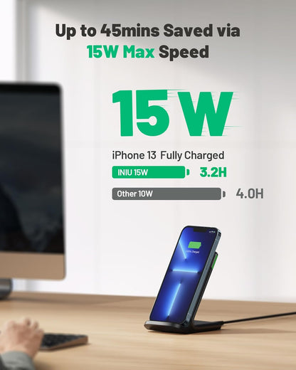 INIU Wireless Charger Station, 15W Fast Qi-Certified Wireless Charging Stand for Official and Home Compatible with iPhone 16 15 14 13 12 Pro XS Samsung Galaxy S23 S22 S21 Note 20 Google etc