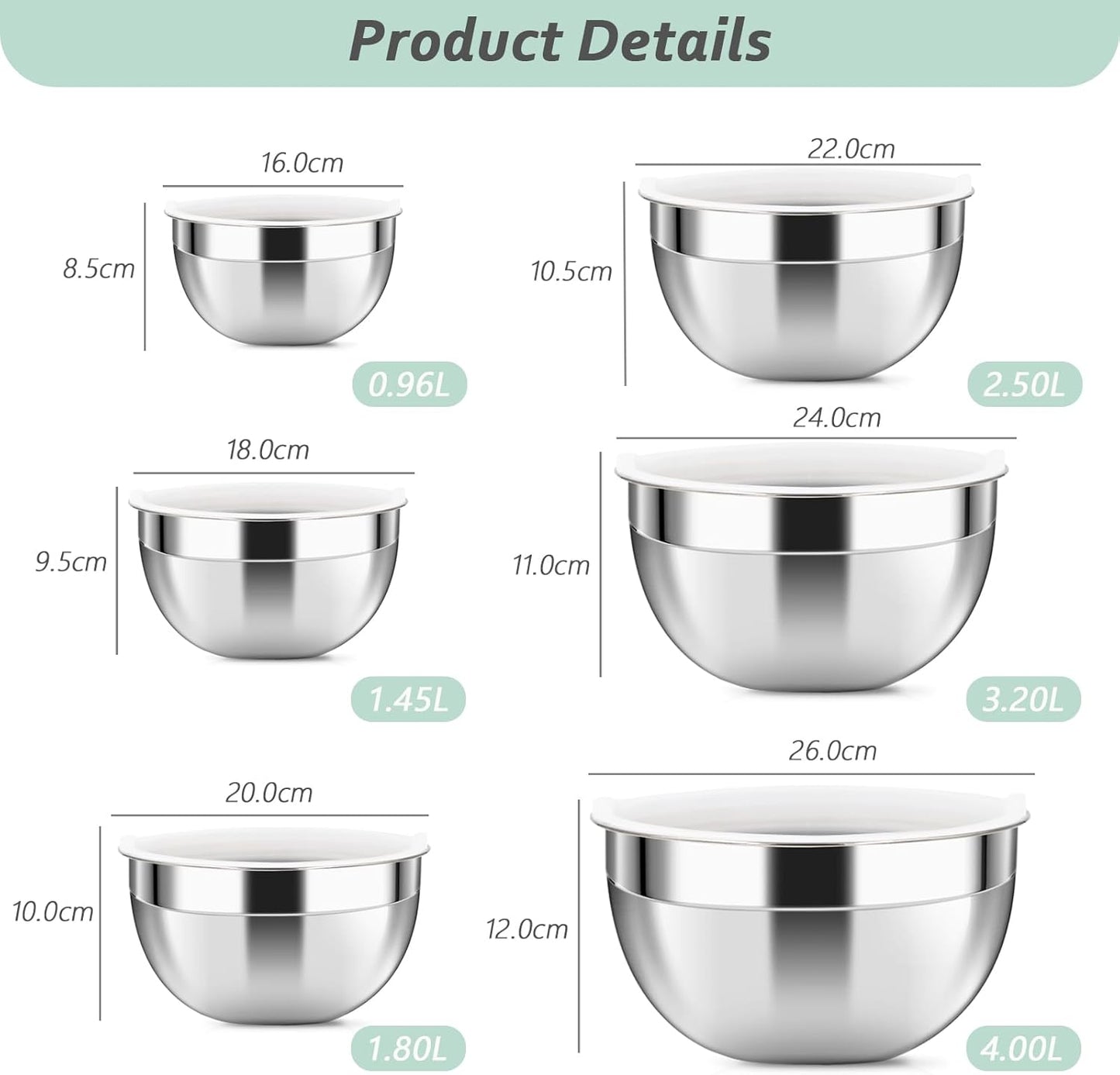 Luvan 18/10 304 Stainless Steel Mixing Bowl,Set of 6(1,1.5,1.9,2.6,3.4,4.2QT),with Airtight Lids,Nesting Bowls for Space Saving Storage,Dishwasher Safe, Great for Mixing,Baking, Prepping