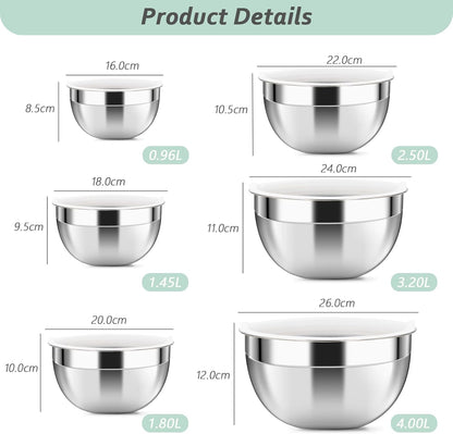 Luvan 18/10 304 Stainless Steel Mixing Bowl,Set of 6(1,1.5,1.9,2.6,3.4,4.2QT),with Airtight Lids,Nesting Bowls for Space Saving Storage,Dishwasher Safe, Great for Mixing,Baking, Prepping