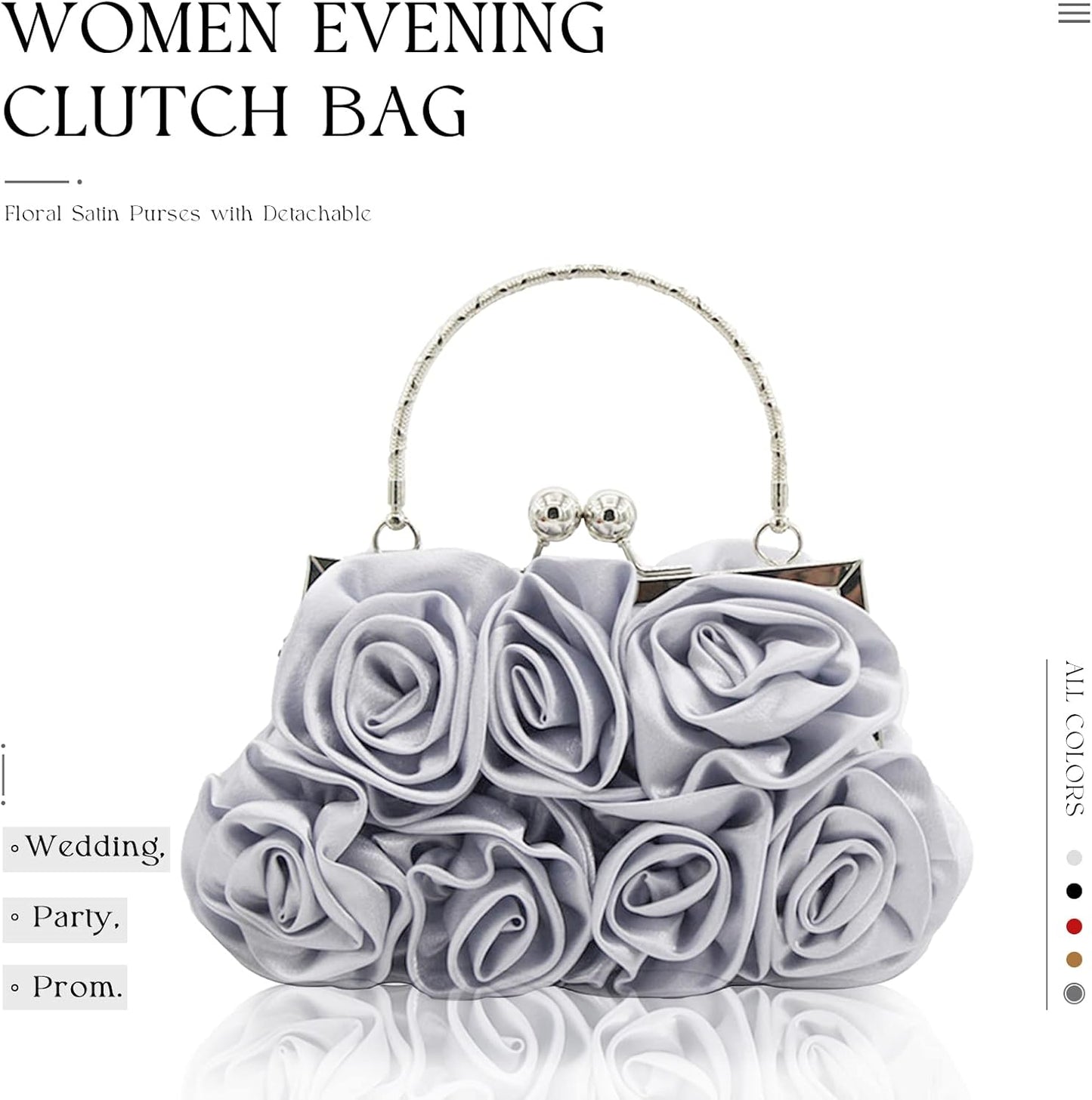 JAMBHALA Women Evening Clutch Bag Floral Satin Purses with Detachable Strap for Wedding, Party, Prom