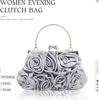 JAMBHALA Women Evening Clutch Bag Floral Satin Purses with Detachable Strap for Wedding, Party, Prom