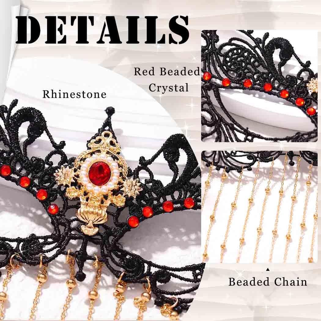 Obmyec Masquerade Lace Mask Costume Eye Mask Tassels Face Masks Rhinestone Black Mask for Women and Girls