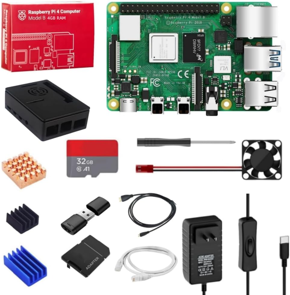 Vemico Raspberry Pi 4 4GB Kit Raspberry pi 4 Model B Starter Kit with 32GB Card 3 Copper Heat Sink 2 HD Out Cable 5V 3A Power Supply ABS Case Cooling Fan Reading Card Device Screwdriver