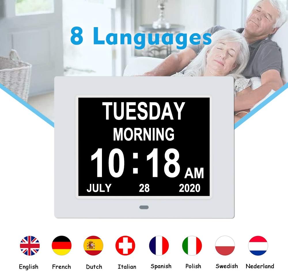 [2025 Newest] Digital Day Calendar Clocks 3 Medicine Reminders Extra Large 8 Inch Non-Abbreviated Day Date Month Dementia Senior Clock for Eldarly Memory Loss Vision Impaired Clock