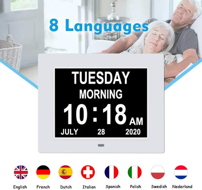 [2025 Newest] Digital Day Calendar Clocks 3 Medicine Reminders Extra Large 8 Inch Non-Abbreviated Day Date Month Dementia Senior Clock for Eldarly Memory Loss Vision Impaired Clock