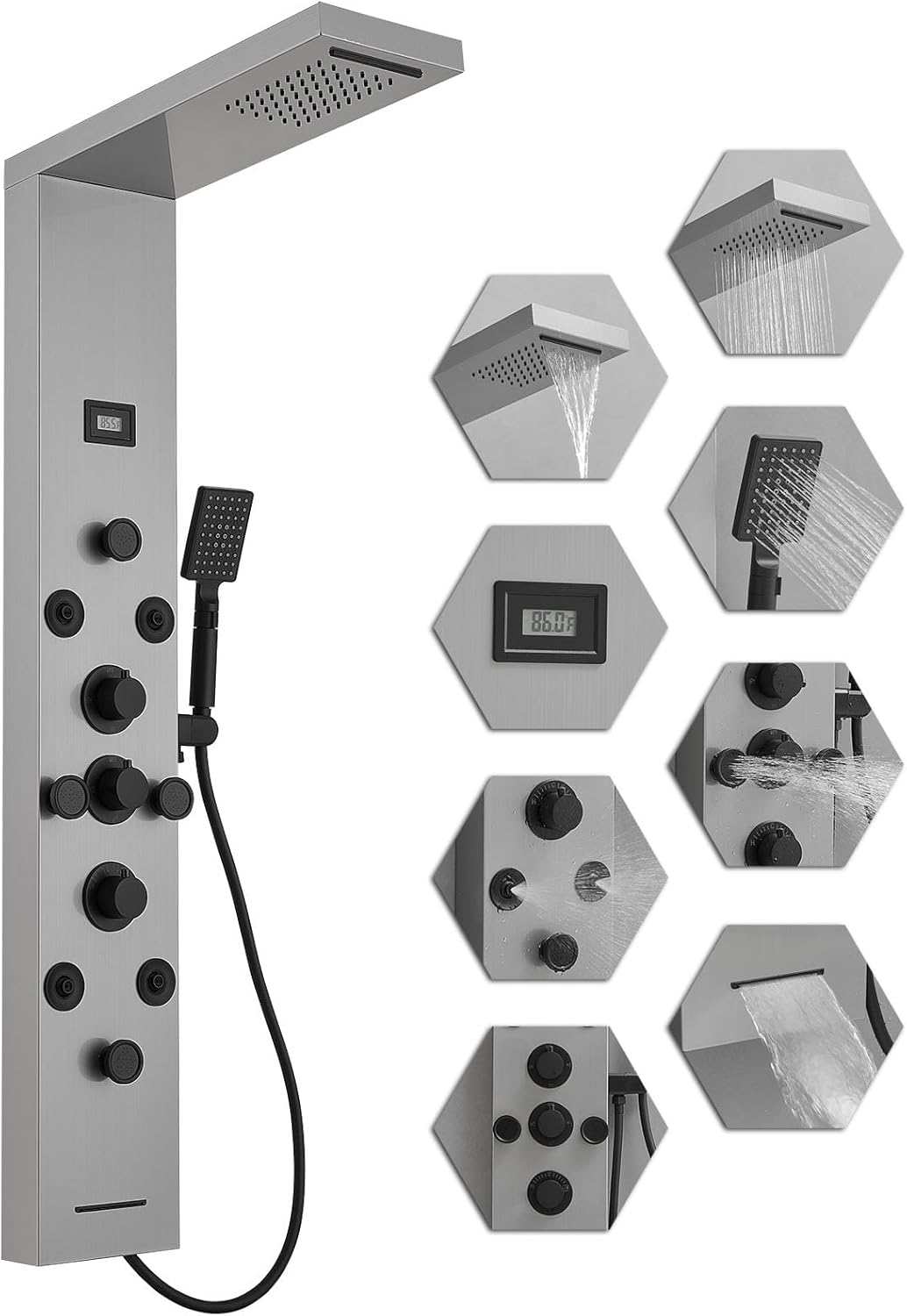 Bathfinesse Shower Tower Bathroom Shower Panel System Rain Massage System 6 in 1 Body Spray Jets Shower Wall Panels Rainfall Waterfall Shower Head Tub Spout with Temperature Display,Matte Black