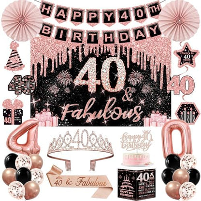 40th Birthday Decorations for Women,32pcs 40th Birthday Party Decorations,Including Backdrop, Crown,Sash,banner, Hanging Swirl,Cake Topper,balloons,Paper Fans,Anniversary Card and paper fans