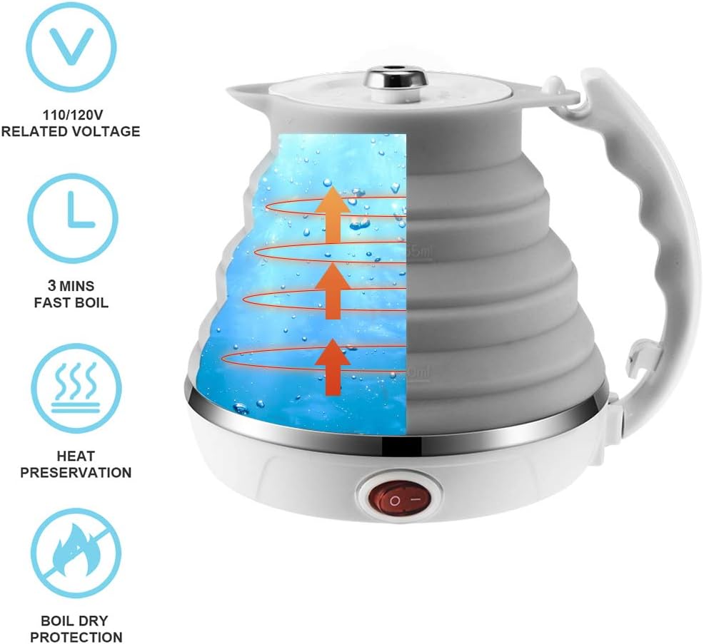120V 555ML Ultrathin Travel Foldable Electric Kettle with Separable Power Cord and Handle, Boil Dry Protection, Food Grade Silicone
