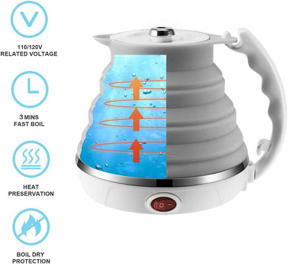120V 555ML Ultrathin Travel Foldable Electric Kettle with Separable Power Cord and Handle, Boil Dry Protection, Food Grade Silicone
