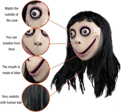 Scary Momo Mask with Long Black Wig - Latex Halloween Costume for Adults - Creepy Face Mask for Parties & Haunted Houses
