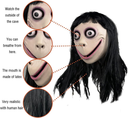 Scary Momo Mask with Long Black Wig - Latex Halloween Costume for Adults - Creepy Face Mask for Parties & Haunted Houses - PuriLite