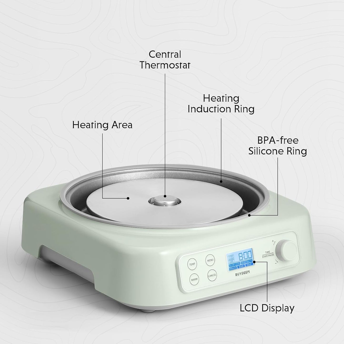 BUYDEEM LP55 5-in-1 Slow Cooker, Compatible with Various Cookwares, Multi-Cooker with Two Temperature Settings, Auto Keep Warm for 2H, Cozy Greenish, No Pot Included