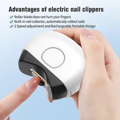 Yibosoar Electric Automatic Nail Clipper with Nail File & 2 Speeds, Fingernail Cutter and Nail Scraps Storage, USB Rechargeable Safety Fingernail Trimmer for Baby Seniors and Adult, White