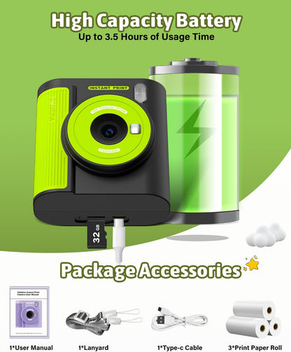 Mgaolo Kids Camera with Instant Print, Thermal Printing Digital Camera Gift for 3-12 Years Old Children, Safe Ink-Free Design, Toy for Creativity & Learning (Black)