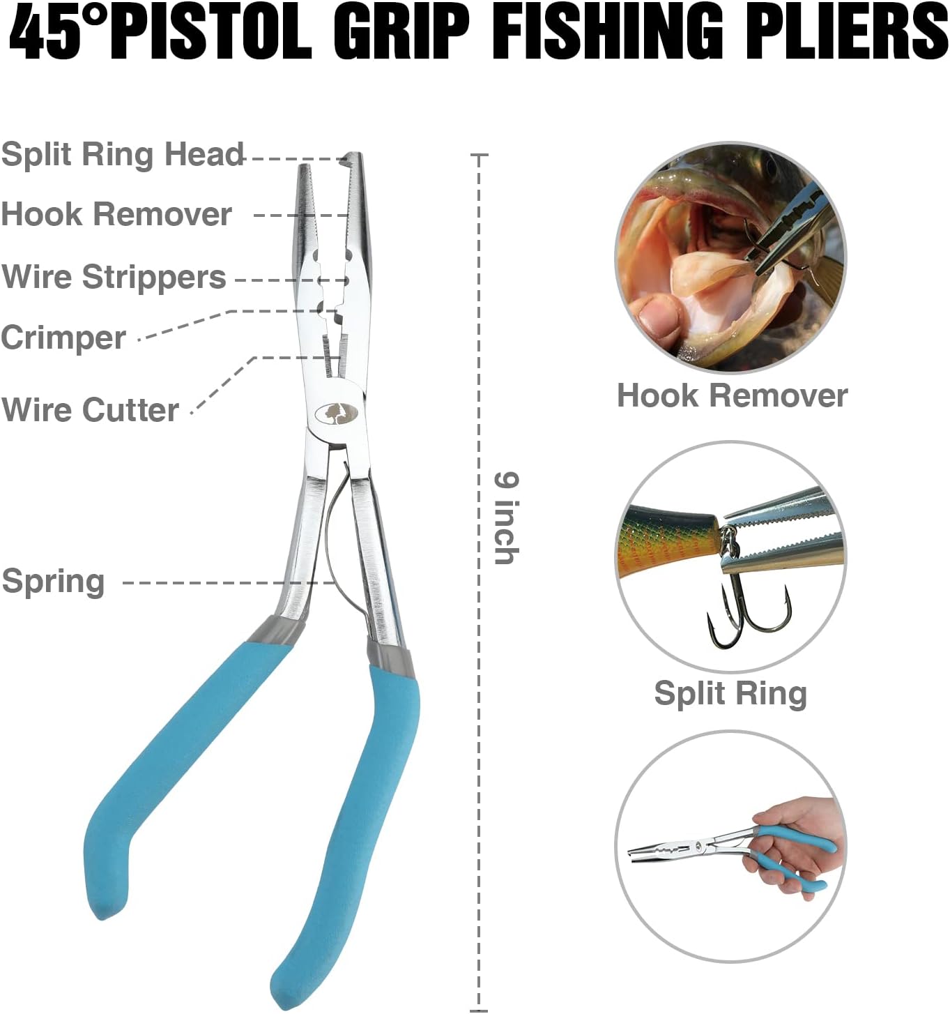 MOSSY OAK 4pc Fishing Tool Kit - Pistol Grip Fishing Pliers, Fish Fillet Knife, Fishing Gripper, Line Snip, Fly Fishing Retractor with Retractable Lanyard