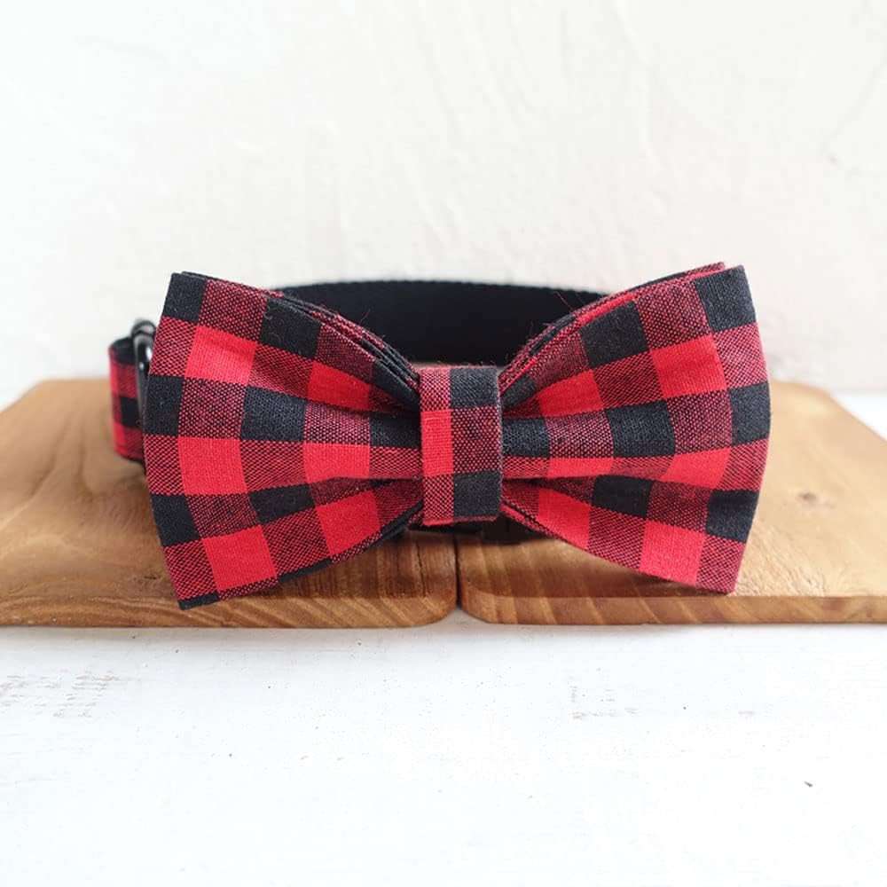 PETDURO Personalized Buffalo Plaid Dog Collar Red Black - Engraved Name and Phone Number on Black Metal Buckle - Custom for Small Medium Large Boy Girl Dogs - Add Leash Bow Tie via Customize Now