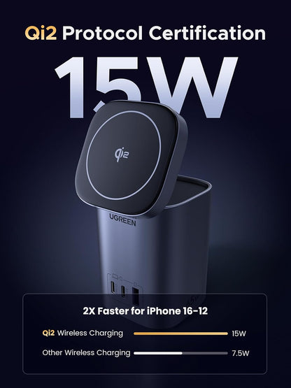 UGREEN Nexode 65W GaN Charger 3-Port, 15W Qi2 Magnetic Wireless Stand | Fast Charging Station, Foldable Magsafe Charger Dock Compatible with iPhone 17 Pro Max, Galaxy S26, iPad