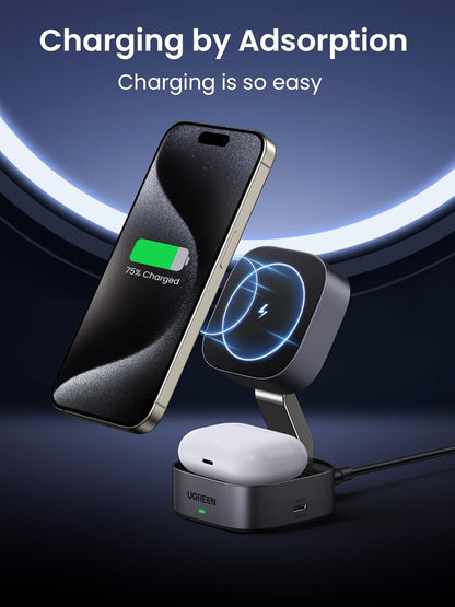 UGREEN MagFlow 15W Wireless Charging Station 2 in 1, Fast Charge Charger Station Compatible for Magsafe Charger Stand, for iPhone 16/15/14 Series, Airpods Pro/4/3/2 (No AC Adapter)