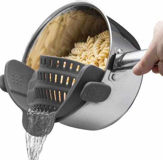 Kitchen Gizmo Adjustable Clip-On Silicone Strainer for Pots, Pans & Bowls – Hands-Free Snap N Strain Colander for Pasta, Fruits, Veggies & Salads – Dishwasher Safe, Grey