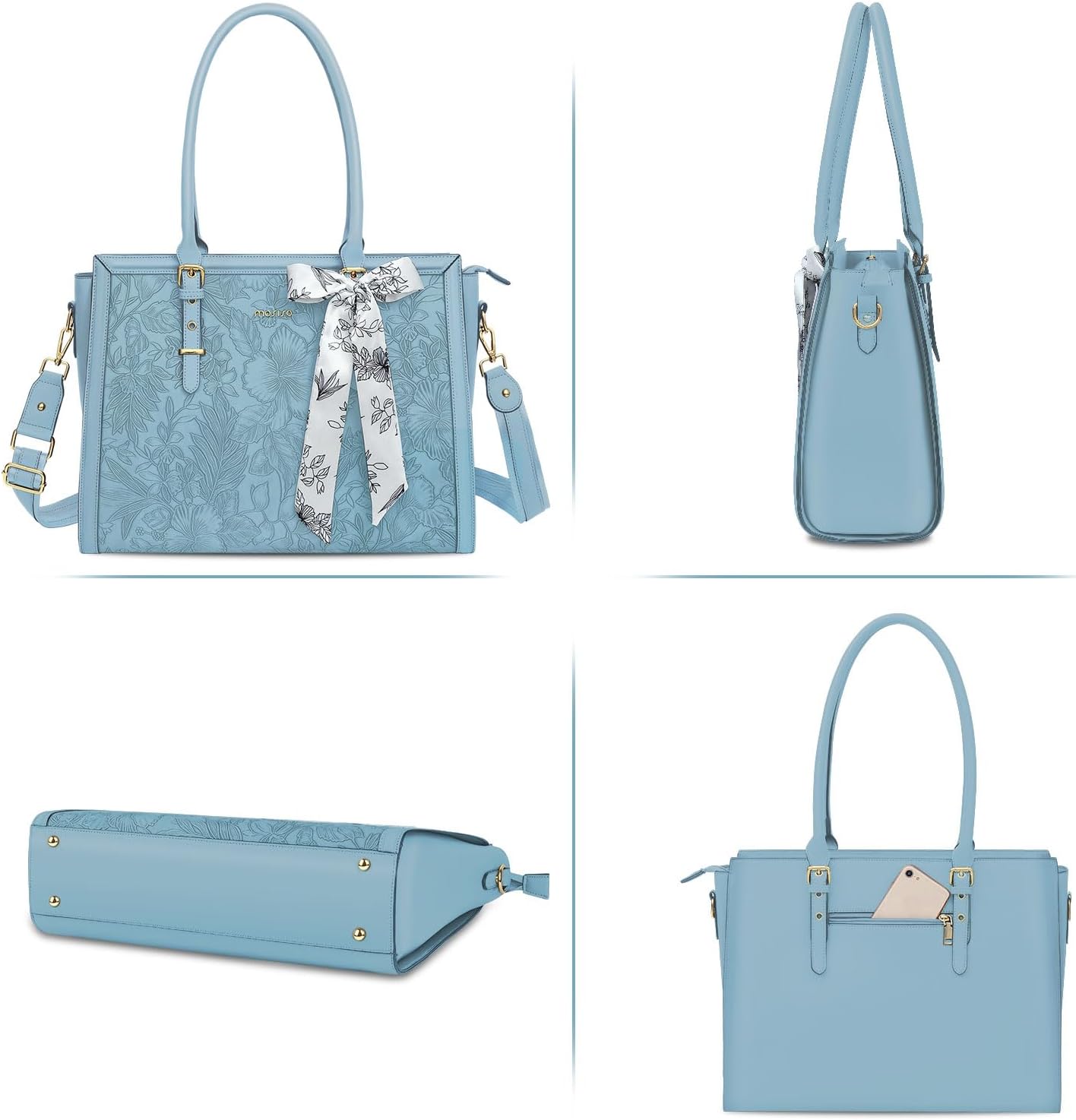 MOSISO Laptop Bag for Women, 17-17.3 inch PU Leathe Tote Bag Compatible with MacBook, HP, Dell, Asus Notebook, Front Embossed Retro Hibiscus Computer Bag with Silk Scarf&Clutch Purse, Gray - PuriLite