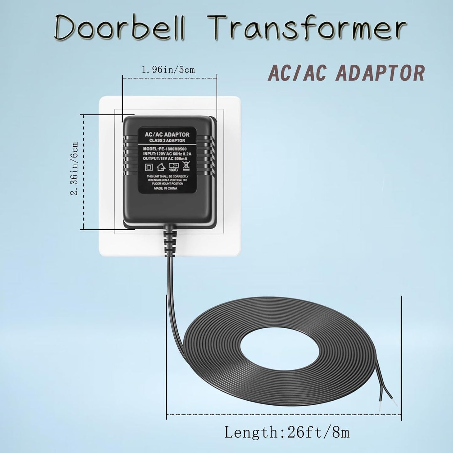 24V 500mA Power Adapter,Extra Long 26ft Extension Cabel Doorbell Transformer for Nest Ecobee Sensi,Honeywell,Ring Video Doorbell,Wyze Doorbell,Eufy Pro Cam,Power Supply