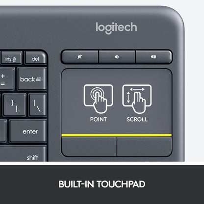 Logitech K400 Plus Wireless Touch TV Keyboard With Easy Media Control and Built-in Touchpad, HTPC Keyboard for PC-connected TV, Windows, Android, Chrome OS, Laptop, Tablet - Black