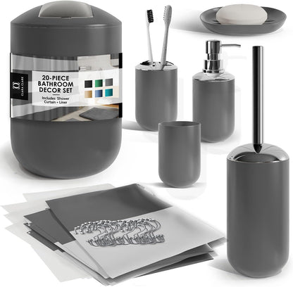 Clara Clark Bathroom Set - Gray Bathroom Accessories Set, Bathroom Sets with Shower Curtain and Rugs, 23PC Shower Curtain Set with Liner, Soap Dispenser, Soap Dish, Toilet Brush Holder, and Trash Can