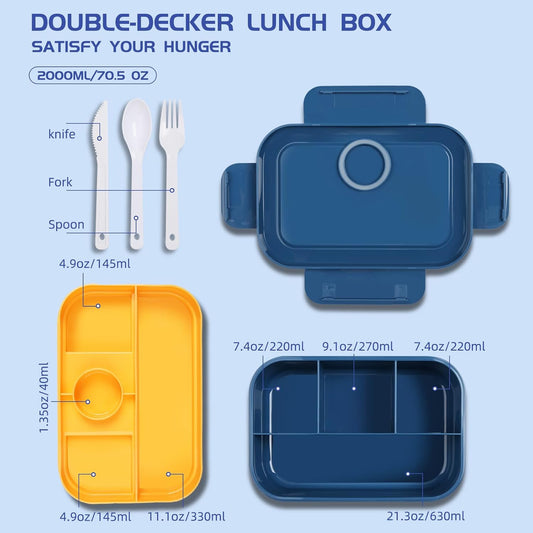Bento Box Adult Lunch Box - 2000 ML Stackable with 8 Compartments, Leak-Proof, Built-in Sauce Container, Utensils, Microwave/Dishwasher/Freezer Safe - Blue