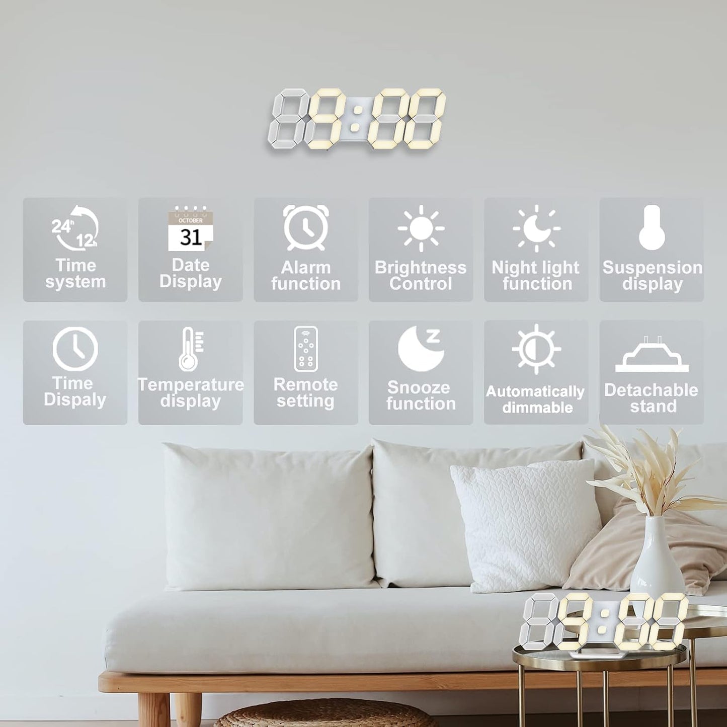 Deeyaple 3D LED Digital Wall Clock Modern Alarm Clock Adjust Brightness 12/24 Time Date Temperature Silent Snooze USB Night Light Remote Control Kitchen Bedroom Living Room Small 9.7 inch White