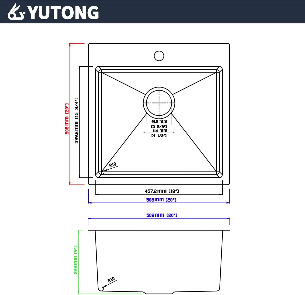 Yutong 16" x 20" Top-Mount/Drop in SS304 Stainless Steel Kitchen Black Sink Single Bowl Without Grid