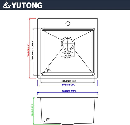 Yutong 16" x 20" Top-Mount/Drop in SS304 Stainless Steel Kitchen Black Sink Single Bowl Without Grid