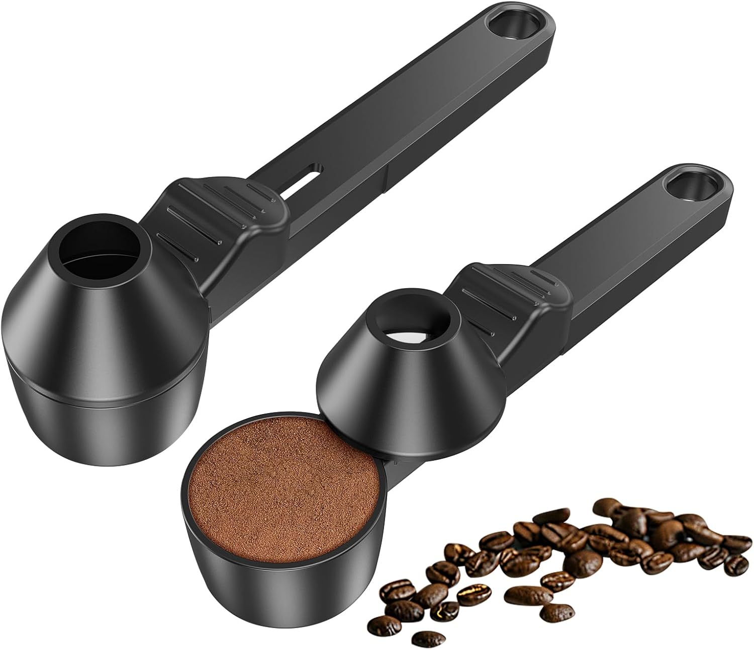 Coffee Scoop with Leveling Funnel for Reusable Coffee Pods – 2 Tablespoon Measuring Spoon with No-Spill Funnel, Multi-Purpose Coffee and Powder Scoop (Black, 2 Pack) - PuriLite