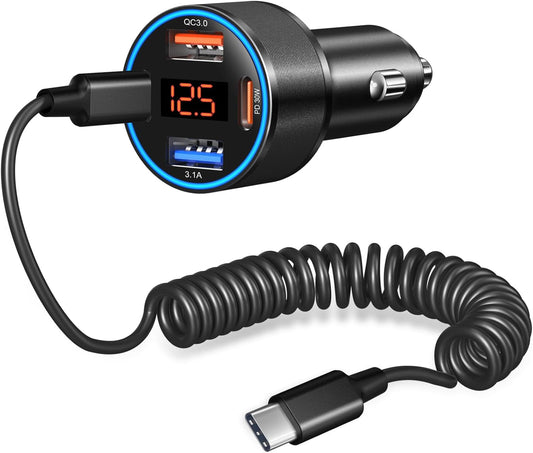 USB C Car Charger, Bangfun 4-Port 65W Super Fast Car Phone Charger Dual 12V USB-C & USB-A Cigarette Lighter Adapter with Voltage Display for iPhone 17 16e 15 Pro Max Plus+5ft Type C Car Charger Cable