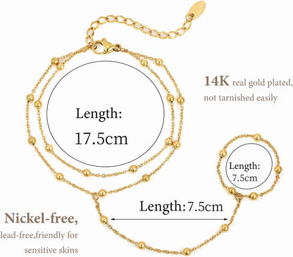 Hand Chain Ring Bracelet For Women, 14k Gold Plated Dainty Cubic Zirconia Minimalist Finger Ring Bracelet, Trendy Stuff Jewelry Gifts To Wife Girfriend Daughter Sister BBF, 17.5cm/7.5cm