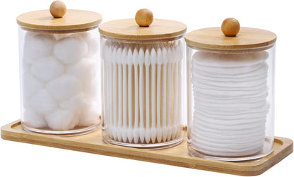 Clear Cotton Swab and Pad Holder Set with Wooden Lids and Vanity Tray, Apothecary Bathroom Storage Containers, 3 Pack - PuriLite