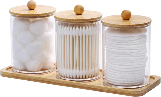 Clear Cotton Swab and Pad Holder Set with Wooden Lids and Vanity Tray, Apothecary Bathroom Storage Containers, 3 Pack - PuriLite